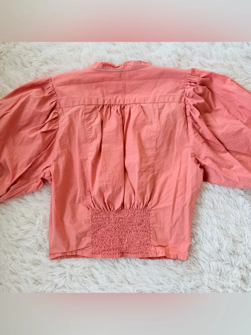 Free People Crop Crochet Trim Peach Pink Blouse w/ Balloon Puff Sleeves